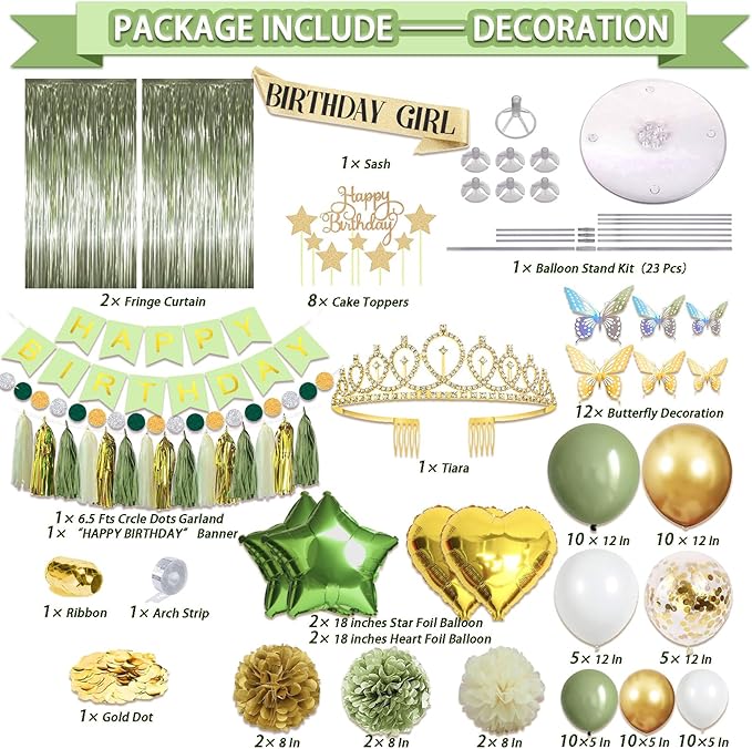 222 Pcs Sage Green Happy Birthday Decorations, Birthday Decorations for Women or Girl Kit- Disposable Dinnerware Set with 25 Guest, Balloons, Sash, Tiara, Banner, Paper Pom Poms