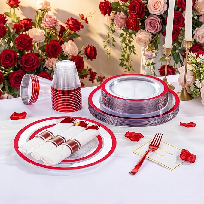 I00000 350 Pcs Red Dinnerware Set for 50 Guests | 50 Dinner and 50 Dessert Plates,50 Cups, 50 Napkins, 50 Forks, 50 Spoons, 50 Knives for Wedding & Valentine's Day