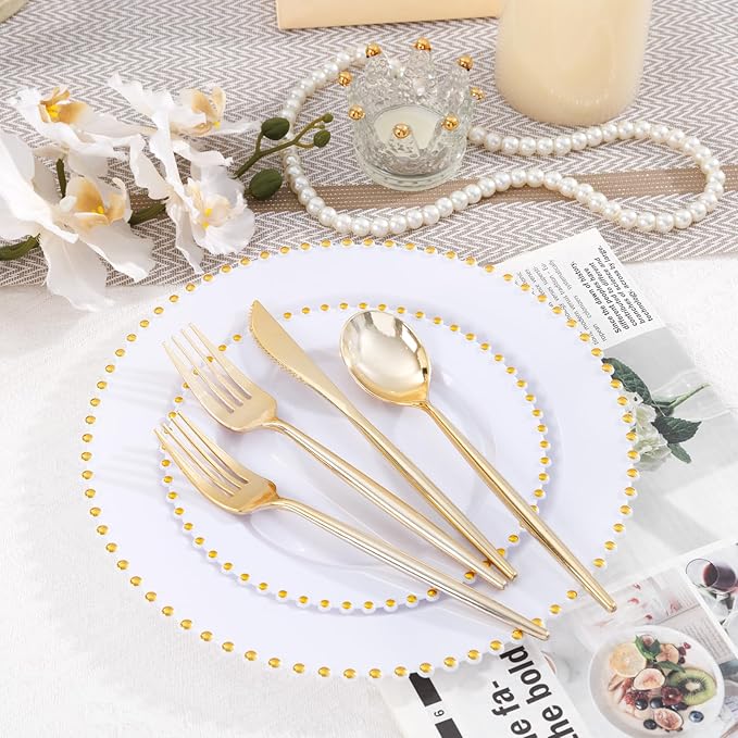 LIYH 150 Pcs White and Gold Plastic Plates - Elegant Disposable Gold Plastic Dinnerware set Include Dinner & Dessert Plates Cups for Birthday Party Wedding 30 Guests