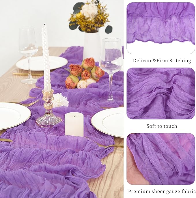 20 Pack Purple Table Runner 10Ft Cheesecloth Table Runner Boho Gauze Cheese Cloth Table Runners Romantic Long Sheer Fabric Table Runners for Wedding Party Bridal Shower