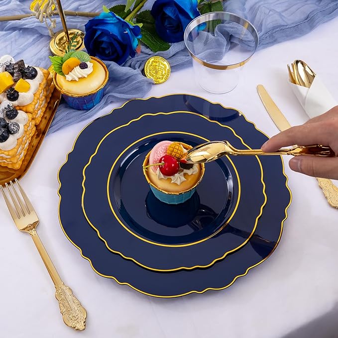 Liacere 175PCS Navy Blue Plastic Plates-Disposable Blue Gold - 25guest Baroque Plastic Dinnerware include 50Plates,25Pack Pre Rolled Napkins with Silverware 25Cups for Wedding &Father's Day&New Year