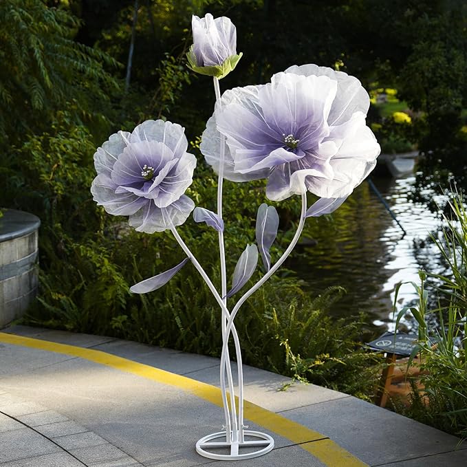 Giant Artificial Flower Decor,Oversized Gradient Organza Flower with Bendable Stem,DIY Shape Fake Flower Sculpture with Heavy Base for Wedding,Event,Party & Photo Backdrop,Store Display(purple)