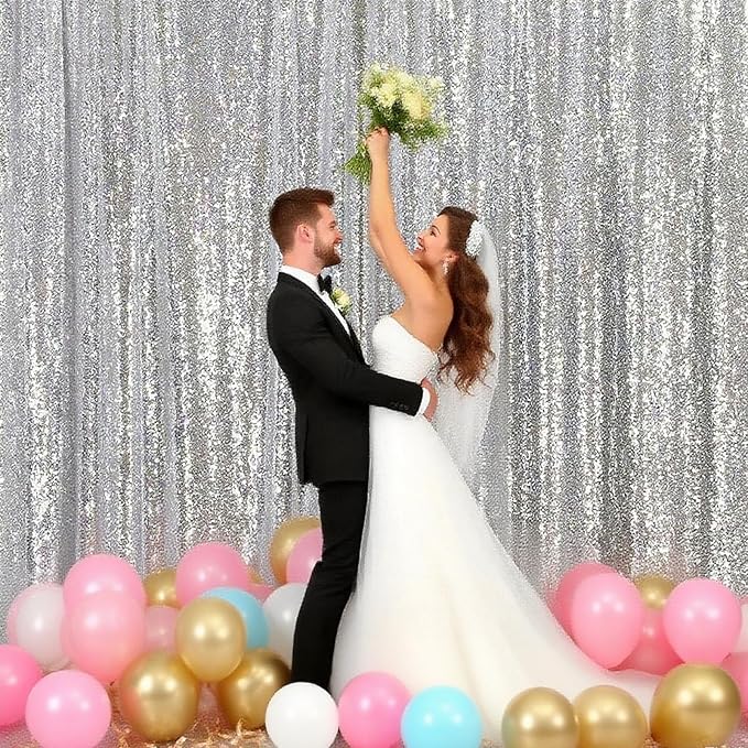 Silver Sequin Backdrop Curtain - 4PCS (2FTx8FT) Glitter Photo Background for Wedding, Christmas, Party, Baby Shower & Stage Decorations (Silver, 2x8ft 4 Panels)