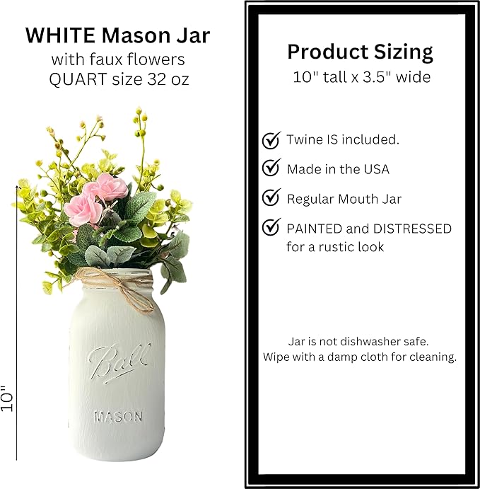 Centerpieces for Tables Bridal Shower - White Mason Jar Centerpieces for Tables, Set of 5-32 oz Hand-Painted Mason Jars - Girl Baby Shower Centerpieces for Tables Girl (5 White w/Greenery/Pink)