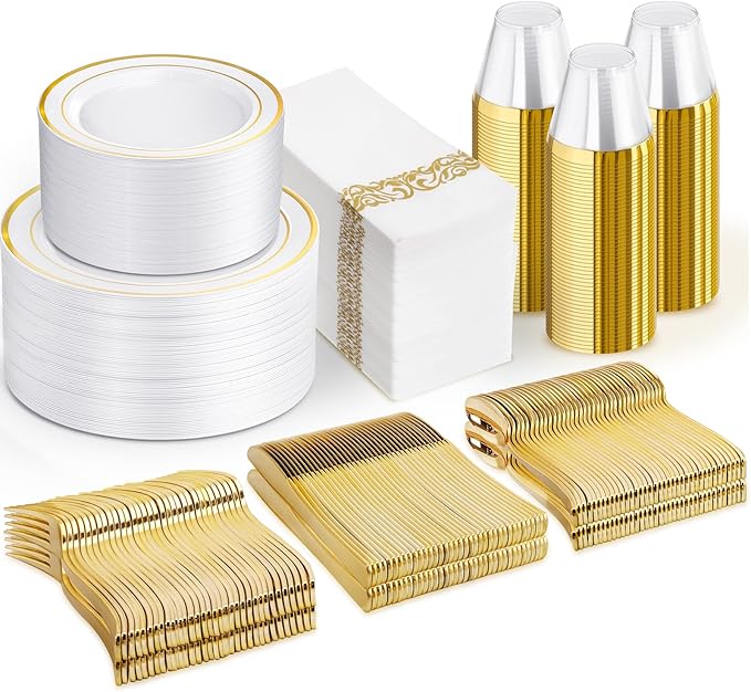 NOCCUR 700PCS Gold Disposable Dinnerware Set for 100 Guests - Include 200 Gold Dinner/Dessert Plates, 100 Napkins, 100 Cups, 300 Plastic Silverware for Wedding/Party/Thanksgiving