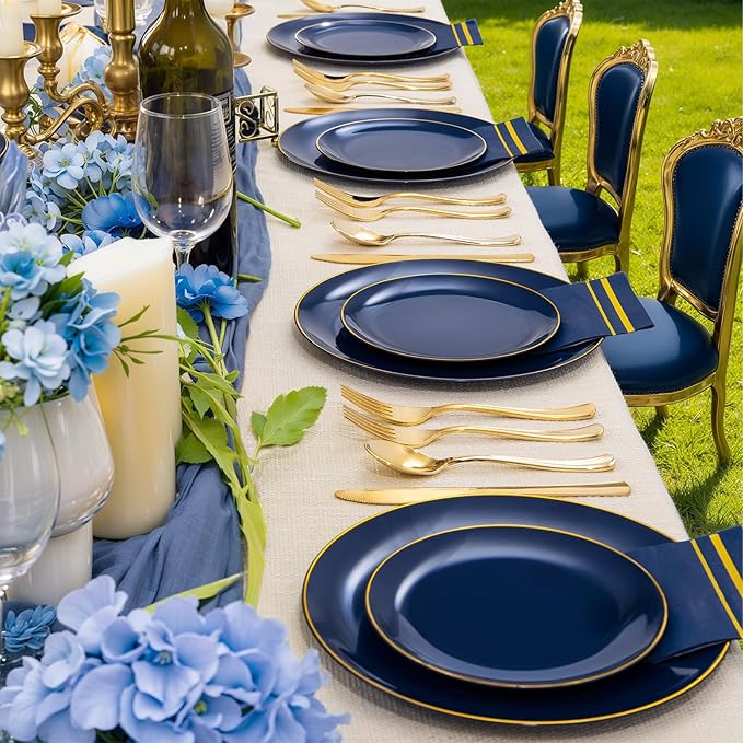 NOCCUR 350PCS Navy Blue Plastic Plates - Blue Disposable Dinnerware Set for 50 Guests, 100 Dinner/Dessert Plates, 150 Gold Silverware, 50 Cups&50 Napkins for Party/Wedding/Hanukkah