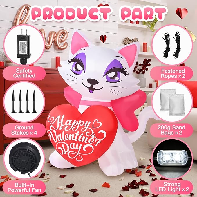4 FT Valentines Inflatable Outdoor Decorations, Blow up Valentine's Day Cat Yard Decor with Love Heart, Built-in LED Lights Wedding Kitty Holiday Decoration for Lawn Garden Wedding Indoor