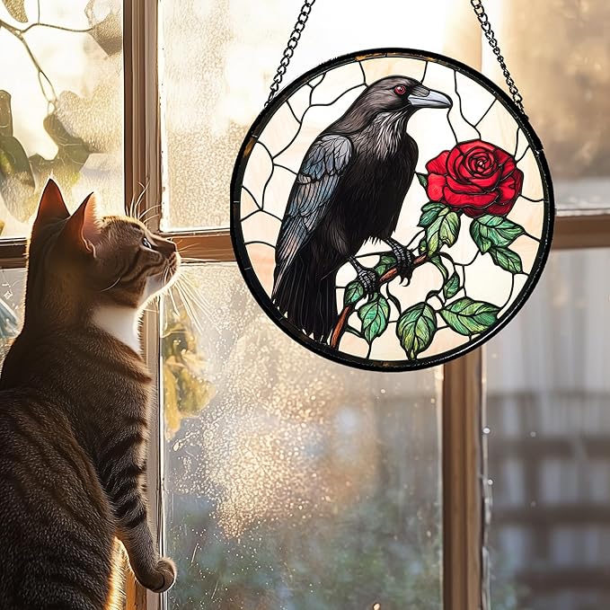 Stained Glass Window Hanging - Black Crow Red Rose Suncatcher for Doors Garden Patio Bird Sun Catchers Decor Christmas Mother's Day Birthday Gifts for Women Men Mom Nana Friend 11.8 in
