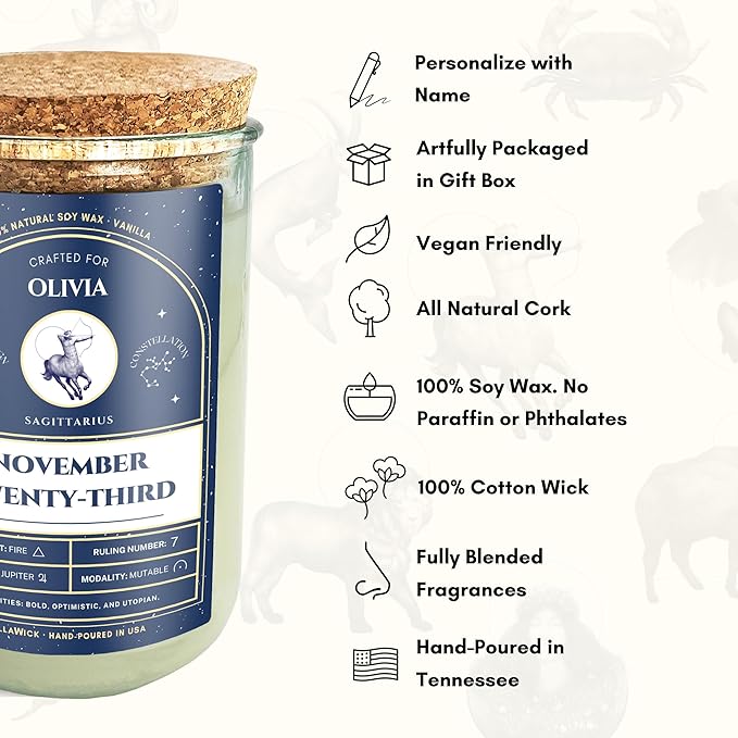 Personalized Birthday Candles - Custom Birthdate Astrological Zodiac Scented Candles. Astrology Gifts. All Natural Soy Wax. 75+ Hour Burn Time. Made in USA