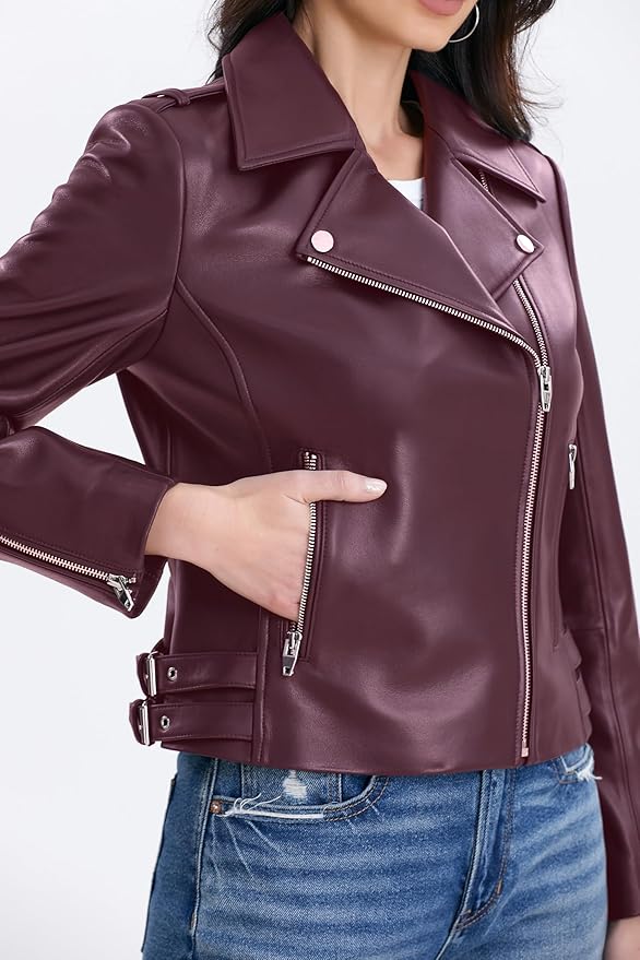 SILVER FASHIONS Lambskin Leather Jacket Women,Motorcycle Jacket,Asymmetrical Zip Style,Buckle Belts,Quilted Details