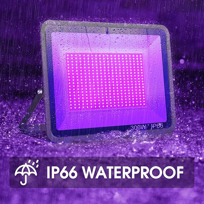 2 Pack 300W LED Black Light,Black Flood Light Outdoor with Plug and Switch, IP66 Waterproof Blacklight Flood Light Neon Glow for Glow Party, Halloween, Fluorescent Poster, Body Paint, Aquarium