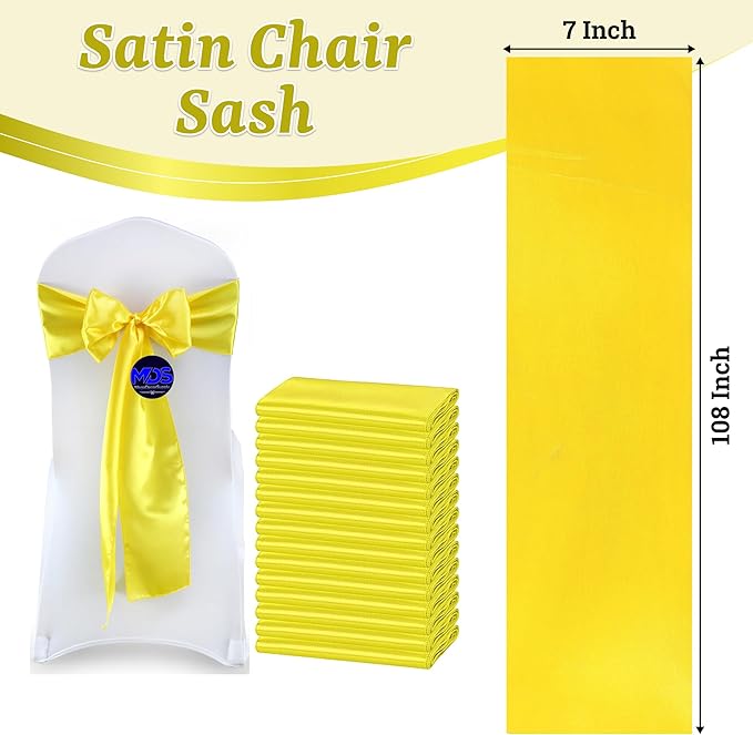 VDS Satin Chair Sashes Chair Cover Back Tie Sateen Bows Ribbon for Wedding Birthday Graduation Engagement Ceremony Event Party Banquet Venue Hotel All Dining Chair Decoration (100PC) (Yellow)