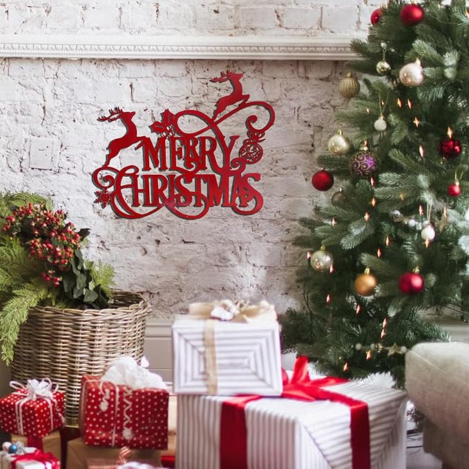 Metal Merry Christmas Wall Decor Christmas Sign Letter Decorative Hanging Plaque Suitable For Indoor Outdoor Room Yard Holiday Decoration