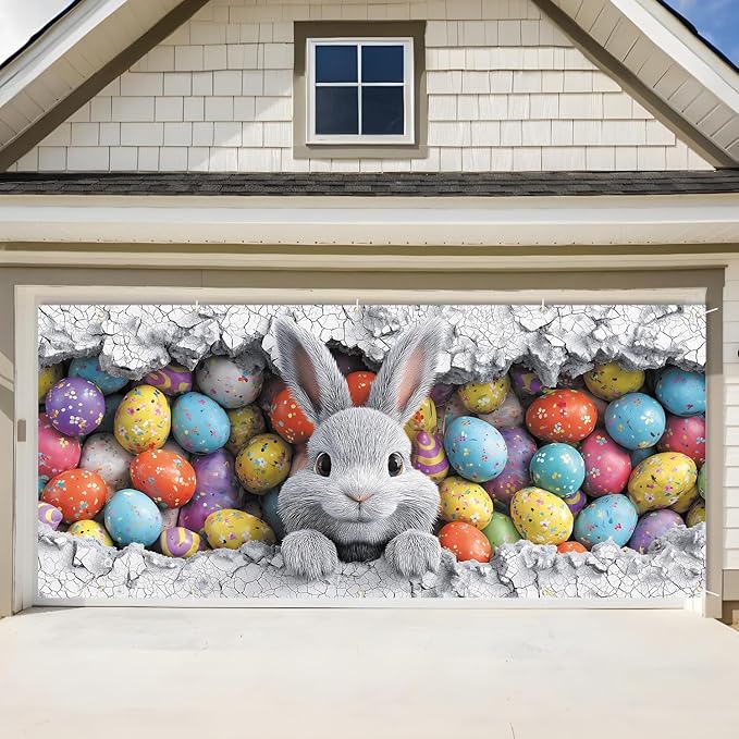 Easter Bunny with Colorful Eggs Garage Door Banner 7x16FT, Cute Bunny & Easter Egg Design, Outdoor Spring Holiday Decoration for Garage & Front Yard