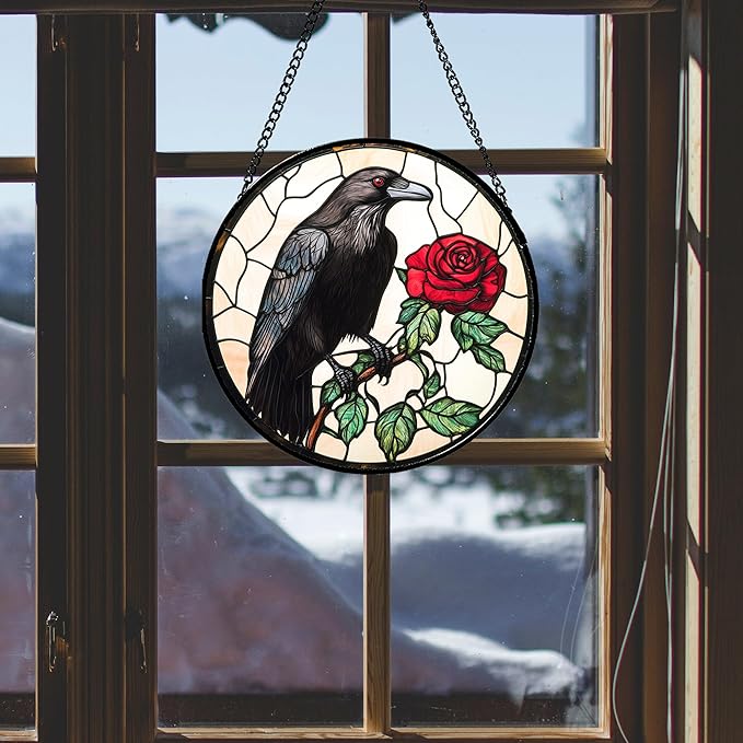 Stained Glass Window Hanging - Black Crow Red Rose Suncatcher for Doors Garden Patio Bird Sun Catchers Decor Christmas Mother's Day Birthday Gifts for Women Men Mom Nana Friend 11.8 in