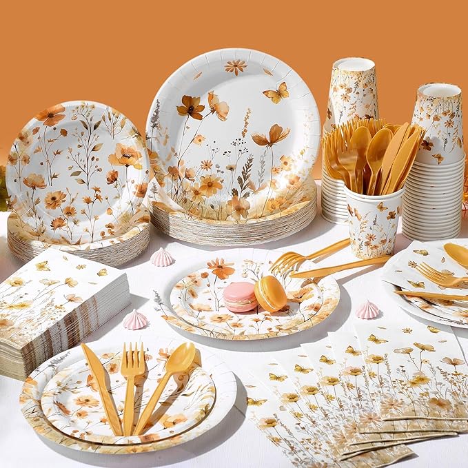 400 Pcs Fall Wild Floral Disposable Paper Plates Napkins Cups Serve 50 Floral Tableware Set for Autumn Thanksgiving Harvest Wedding Tea Party Decoration Bridal Shower Baby Shower