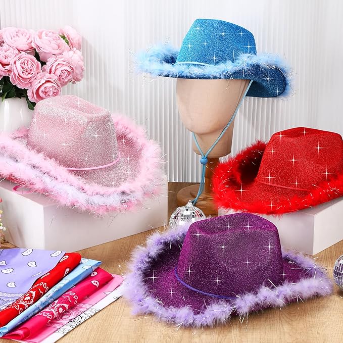 Coume 12 Pcs Sparkly Adults Cowboy Hat and Bandanas Women Men Western Glitter Cowgirl Party Hats with Adjustable Drawstring