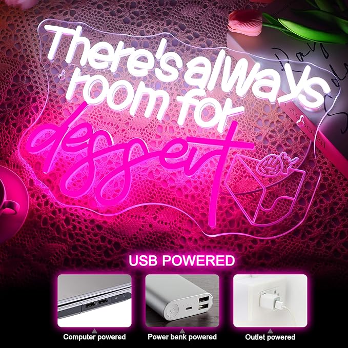 NOSUN There's Always Room for Dessert Neon Sign LED Bar White Text Treat Yourself for Snack Candy Dessert Flower Bar Bedroom Wall Decor Wedding Birthday Party Home Room Gift