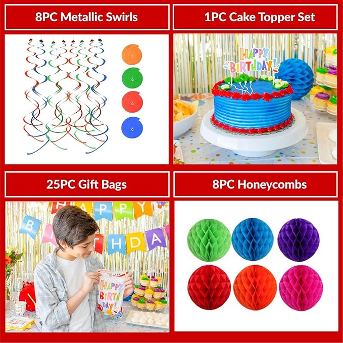 275 PC Colorful Birthday Party Decorations for Boy, Girl- Rainbow Party Supplies, Happy Birthday Banner, Balloons Garland Arch Kit Tablecloth Honeycomb Cake Topper Plates Cups Napkins Straws, 25 Guest