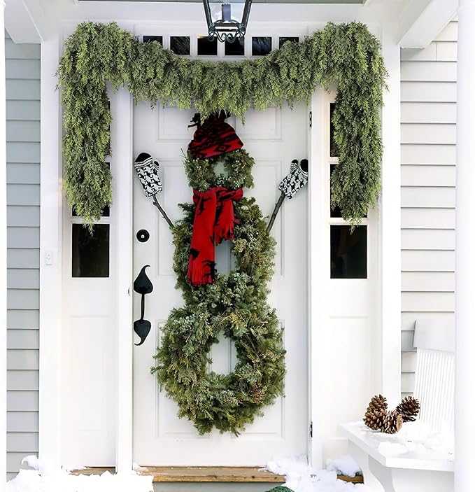 Cedar Christmas Garland with Lights for Mantle - 2 pack Decorations 6 ft Realistic Lighted Faux Pine Garlands for Xmas Home Decoration Indoor Stairs Railing Fireplace Outdoor Prelit Garland Door Decor