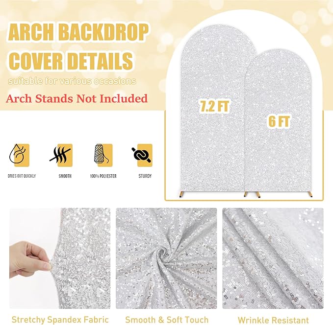 FUHSY Silver Arch Cover 7.2 and 6FT Sequin Arch Backdrop Cover Set of 2 Spandex Wedding Arched Covers Stretchy Backdrop Sparkle Chiara Backdrops Covers for Birthday Party Bridal Shower Ceremony Decor