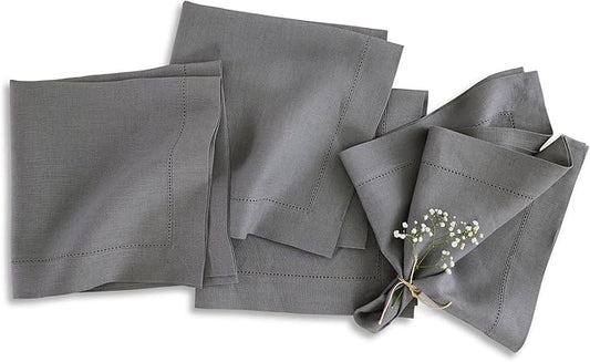 Solino Home Linen Cloth Napkins Set of 4-100% Pure Linen Steel Gray Dinner Napkins 20 x 20 Inch for Spring - Classic Hemstitch, Handcrafted and Machine Washable