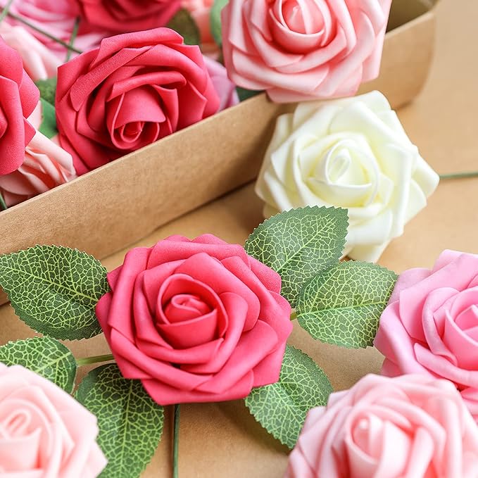 AmyHomie Artificial Flower Seriesa Red Rose 100pcs Real Looking Fake Roses w/Stem for DIY Wedding Bouquets Centerpieces Arrangements Party Baby Shower Valentines Day Christmas Tree Decorations