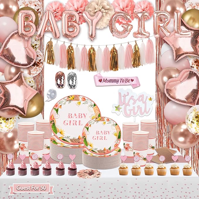 301Pcs Baby Shower Decorations For Girl, Girl Baby Shower Decorations Kits - Disposable Dinnerware Set With Pink Rose Gold Floral (50 Guest), "BABY girl" Banner, Balloon, Sash, Cake Topper