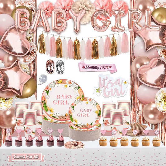 301Pcs Baby Shower Decorations For Girl, Girl Baby Shower Decorations Kits - Disposable Dinnerware Set With Pink Rose Gold Floral (50 Guest), "BABY girl" Banner, Balloon, Sash, Cake Topper