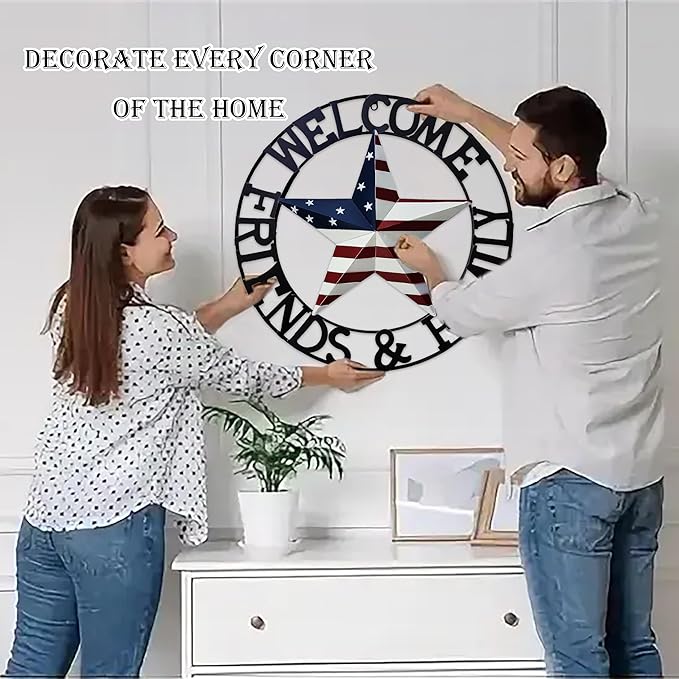 JoyEvy 22" Patriotic Metal Barn Star Welcome Sign Wall Sculptures, American Flag Design Outside Wall Decor,Metal Star for Indoor or Outdoor ,Texas Stars for Western Country Farmhouse Primitive House Decoration
