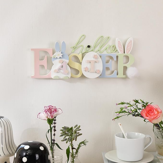 NIKKY HOME Wooden Easter Bunny Sign, Easter Decor for Table, Cute Rabbit Shaped Holiday Decor, Bunny Decorations Centerpiece for Home Mantel Shelf Decorations
