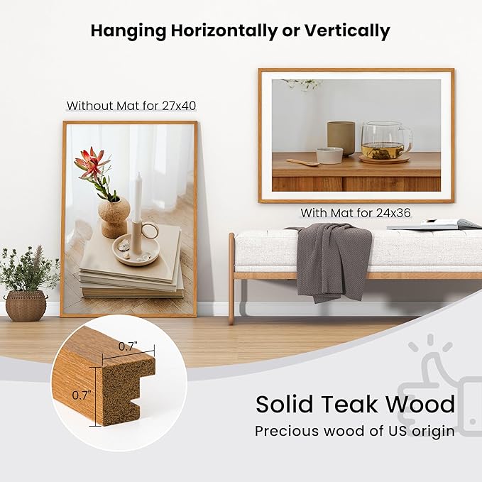 Axeman 27x40 Picture Frame with Mat for 24x36 - Solid Teak Wood Poster Frame with Tempered Glass for Home Decor, Wooden 27''x40'' Minimalist Photo Frame Movie Poster Frame with Hooks, Natural Teak