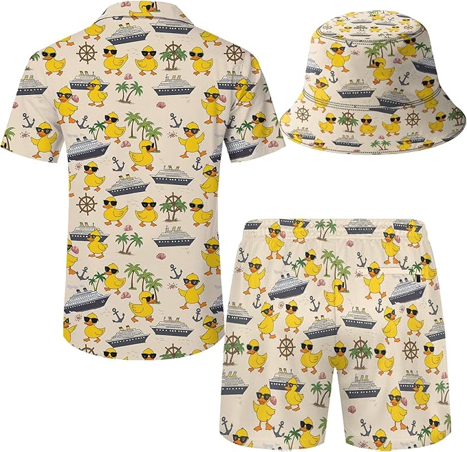 Men's Hawaiian Shirt and Shorts Set 2 Piece Beach Outfits with Bucket Hats for Beach Days and Summer Vibes