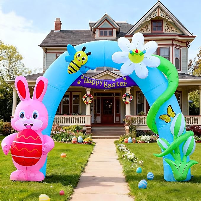 Domkom 12FT Long Huge Easter Inflatable Bunny Archway Outdoor Decorations,Build-in LED Lights Holiday Blow Up Yard Decoration, for Easter&Spring, Outdoor,Garden, Yard Lawn Décor