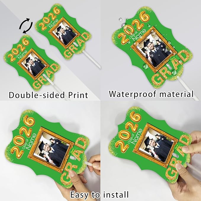 Personalized Graduation Double Sided Face Fan Class of 2026 Customized Graduation Head Face Cutout with Handle Fun Photo Prop Supplies(A-Light Green and Gold,12pcs)