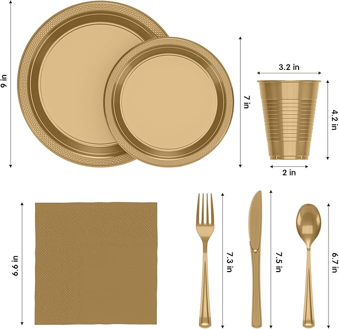 350 Pcs Gold Plastic Plates For Party, Gold Disposable Plates Set, 50 Of Each 9" Dinner Plate Set, 7" Dessert Plate, Cups, Napkins & Cutlery Plastic Dinnerware Exquisite