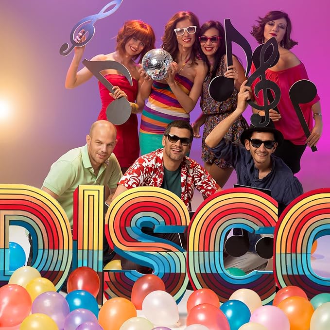Bucherry 7.8ft Colorful Disco Letters Cardboard Cutout Stand up Life Size 70s 80s 90s Themed Party Decoration Backdrop Photo Props Standup for Birthday Hip Hop Retro Theme Party Supply