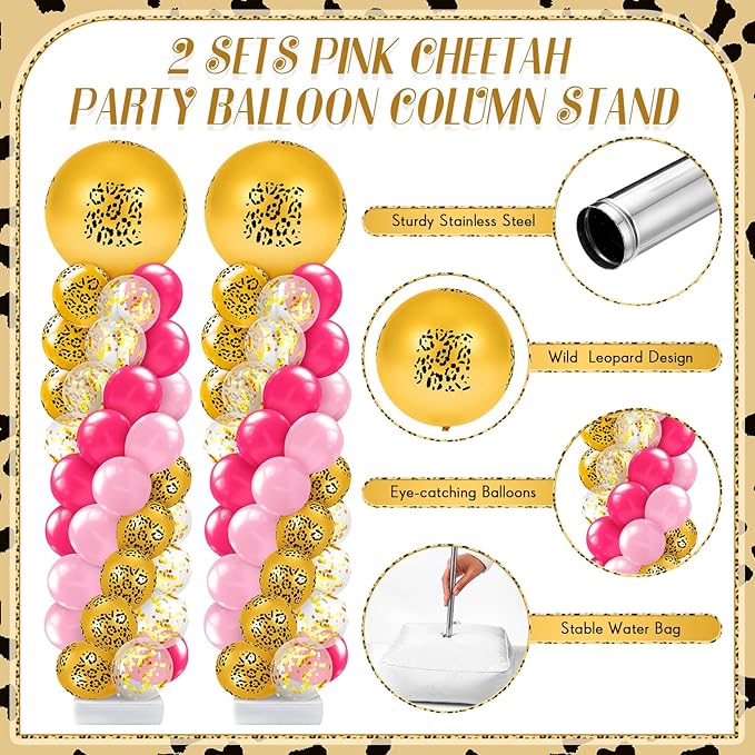 Kasyat 2 Set Pink Cheetah Print Balloon Column Stand Kit, Pink Leopard Print Balloon Garland Arch Kit Adjustable Stands for Jungle Safari Animal Baby Shower Wild One Birthday Party Decorations