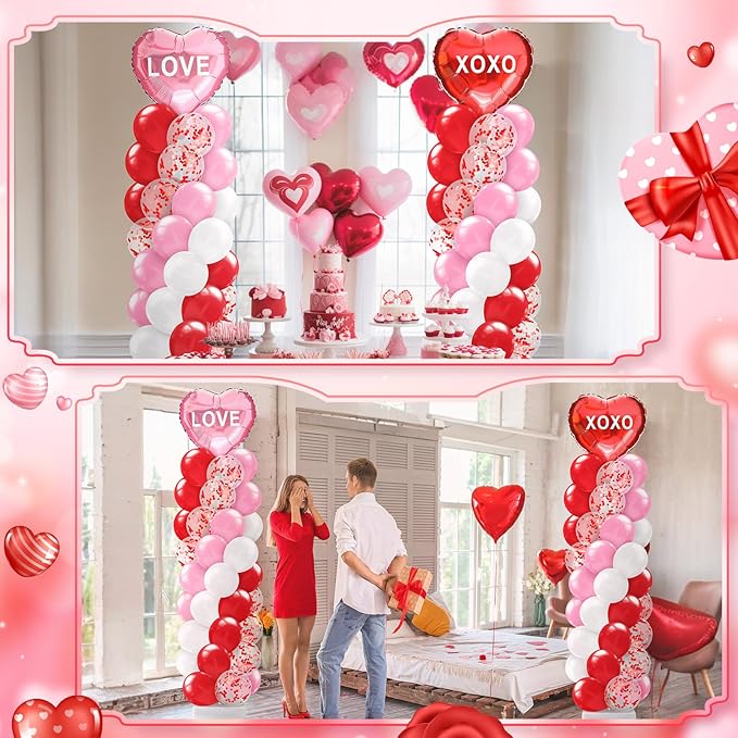 Kasyat 2 Set Valentines Day Balloons Column Stand Kit Red Pink White Arch Garland Kit, Love Heart Foil Balloons for Women Anniversary Wedding Engagement Romantic Proposal Party Decorations