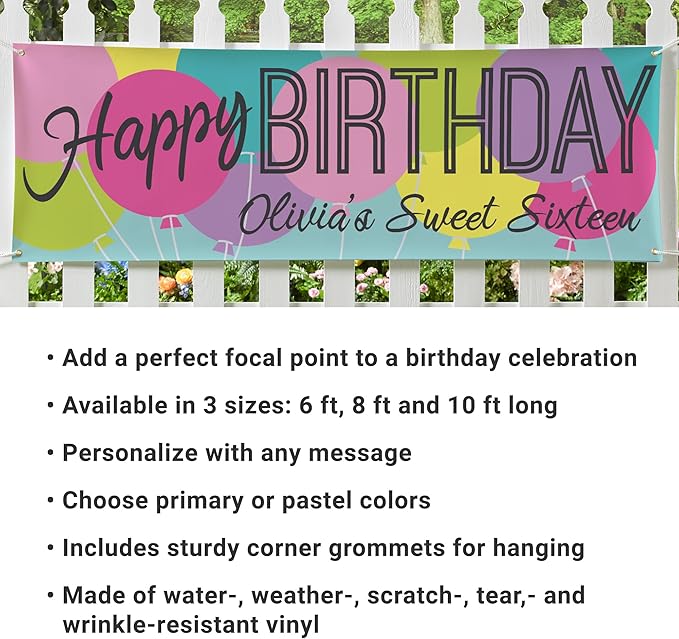 Let's Make Memories Personalized Happy Birthday Banner for Kids - Custom Birthday Party Decorations - Indoor/Outdoor Vinyl - Any Text - Balloons - Pastel Colors - 10ft