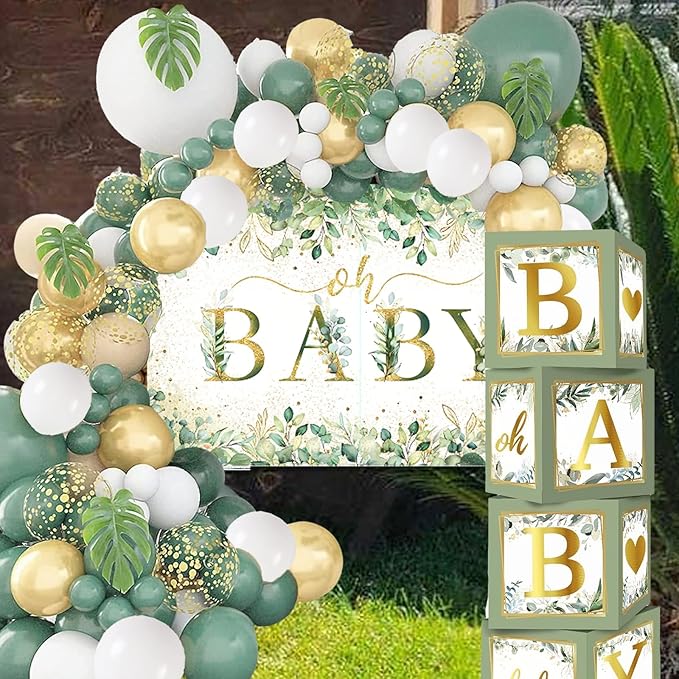 Sage Green 172pcs Gender Neutral Baby Shower Decorations - Boho Greenery Party Supplies with Oh Baby Backdrop, Tablecloth, Balloons, BABY Box, Welcome Banner
