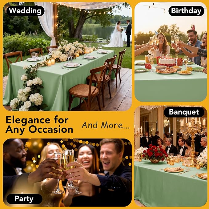 6-Pack Sage Green Tablecloths for Rectangle Tables, 90 x 132 Inches, Stain-Resistant Polyester Fabric for 8 Foot Tables - Washable Table Covers for Weddings, Birthday Parties, Events