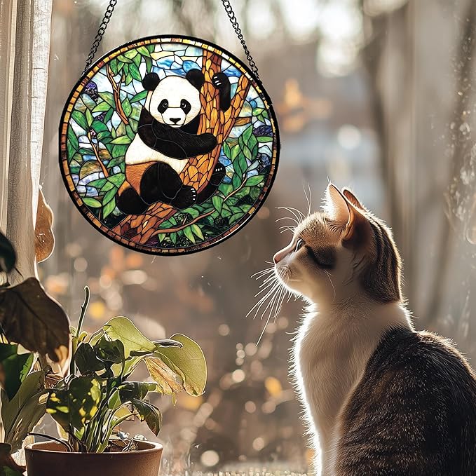 Stained Glass Window Hanging - Cute Panda Suncatcher for Doors Garden Patio Sun Catchers Decor Christmas Mother's Day Birthday Teenager Gifts for Women Men Mom Nana Friend 11.8 in