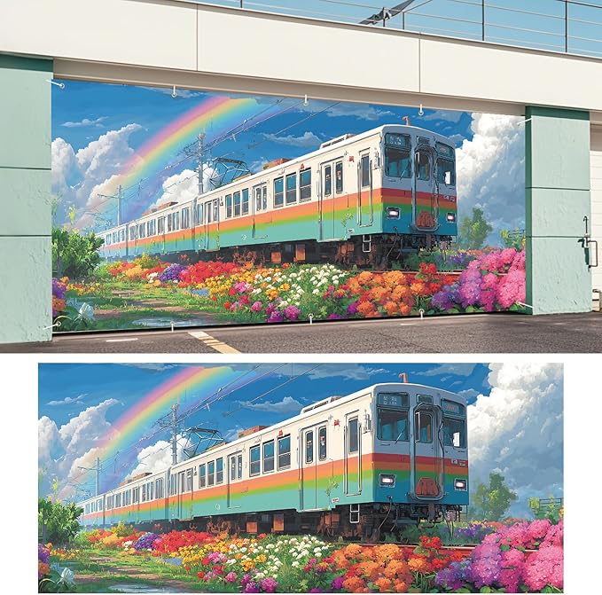 Train in the Spring Flowers Garage Door Banner 7x16FT, Colorful Train & Rainbow Outdoor Decoration for Garage Doors, Front Yard, and Seasonal Parties