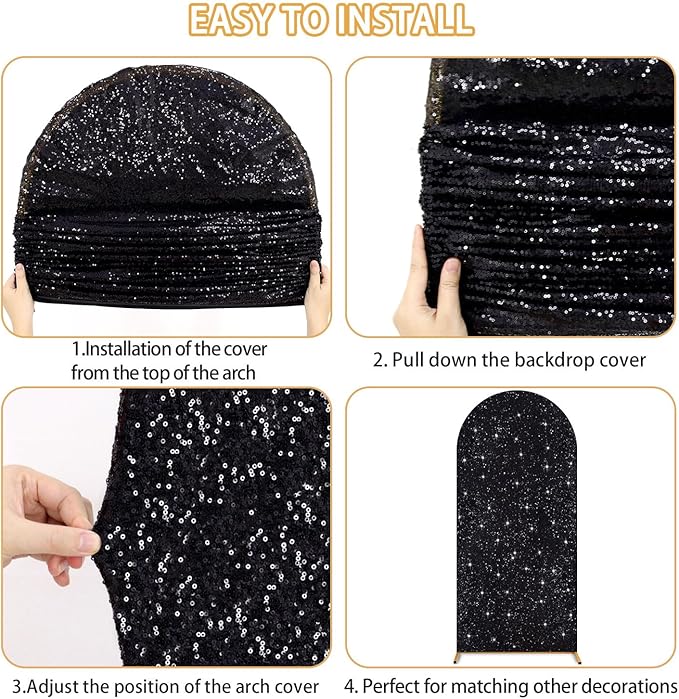 FUHSY 7.2FT Black Arch Cover Sequin Arch Stand Covers Sparkly Wedding Arch Backdrop Stand Cover Spandex Backdrop Covers for Arched Stand Chiara Arches Covers Fabric for Birthday Party Halloween