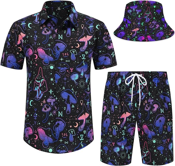 Mens Hawaiian Shirts and Shorts Set Funny Hawaiian Shirts for Men Beach Outfits Sets with Bucket Hats