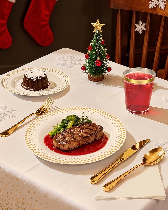 Feagar 175PCS Disposable Plates Set for 25 - Elegant Gold Dinnerware for Party, Wedding, Holiday & Birthday, Includes Dinner & Dessert Plates, Cutlery, Cups, Napkins, Tablecloth & Balloon Decor
