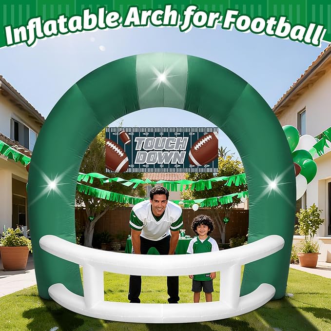 8FT Green and White Football Helmet Inflatable Arch with Game Day Banner, Giant Outdoor Blow Up Football Helmet with Built-in 3 LED Lights for Football Themed Birthday Party Lawn Yard Decoration