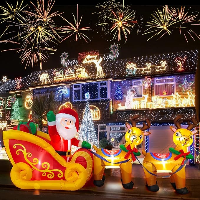 Kalolary 8 Feet Long Christmas Inflatables with LED Light, Santa Claus on Sleigh Blow up Christmas Outdoor Indoor Decoration for Home Family Yard Decor Lawn Garden Party Supplies