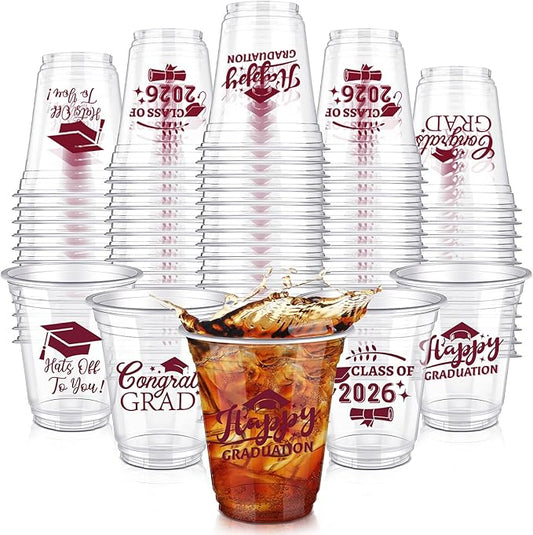 Eaasty 200 Pcs 12oz Graduation Cups 2026 Disposable Plastic Cups for Class of 2026 Graduation Party Congrats Grad Elegant Party Supplies Tableware Decorations (Wine Red)